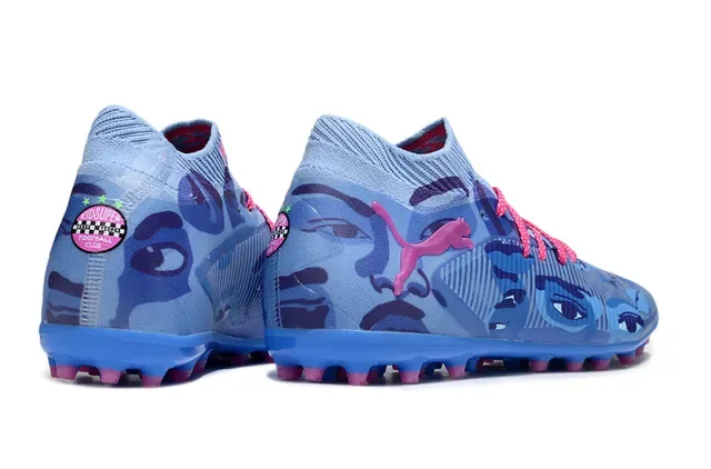Puma Zapatillas de fútbol azul rosa cuello de punto upper con impresión camo césped artificial 5