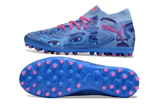 Puma Zapatillas de fútbol azul rosa cuello de punto upper con impresión camo césped artificial 6