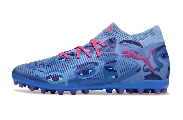 Puma Zapatillas de fútbol azul rosa cuello de punto upper con impresión camo césped artificial 7
