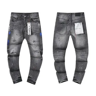 Purple Brand Distressed Paint-Splatter Slim-Fit Gray Jeans