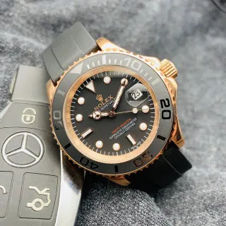 Rolex Yacht-Master Black Dial Rose Gold Case Gray Rubber Strap Mechanical Watch