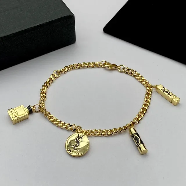 Saint Laurent Beauty Charm Gold Black Curb Chain Bracelet 3