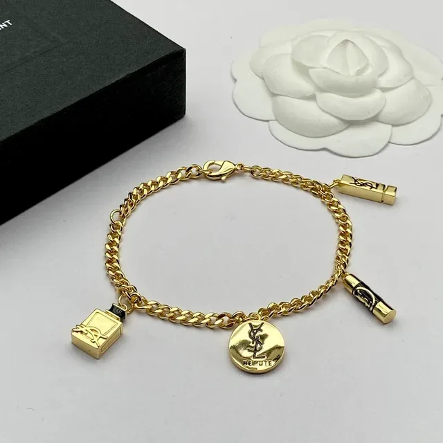 Saint Laurent Beauty Charm Gold Black Curb Chain Bracelet 4