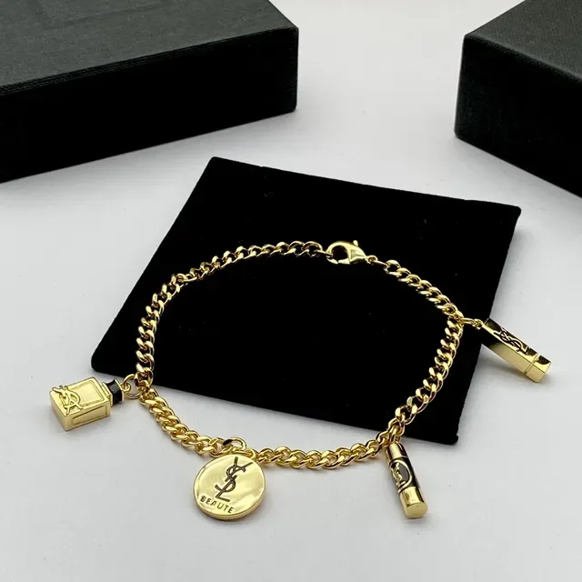 Saint Laurent Beauty Charm Gold Black Curb Chain Bracelet 5