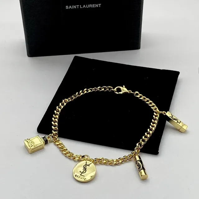 Saint Laurent Beauty Charm Gold Black Curb Chain Bracelet 6