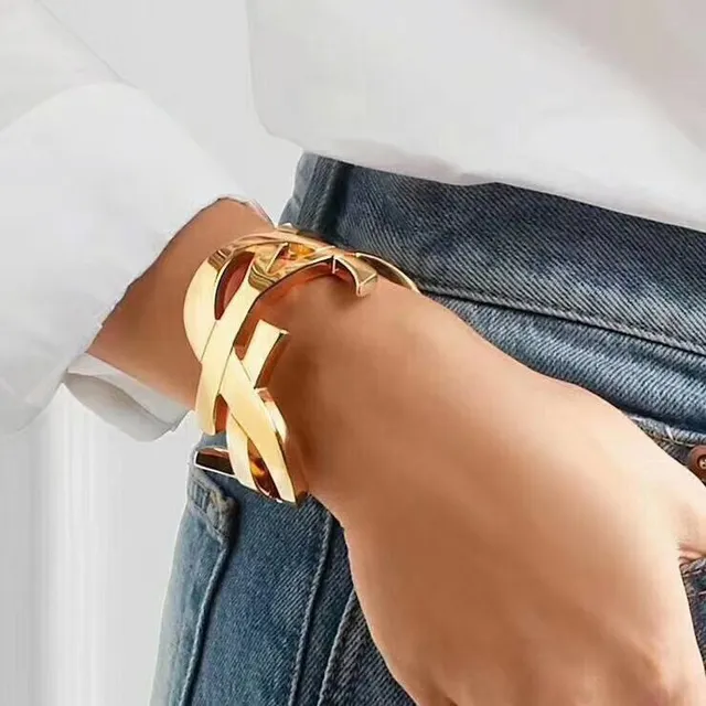 Saint Laurent Monogram Open Cuff Gold-Tone Bracelet 9