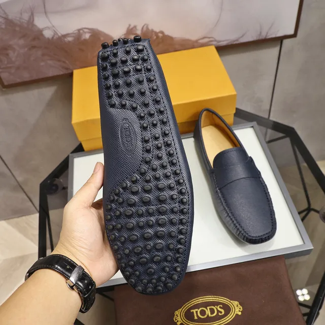 Tod's Gommino Navy Beige Pebbled Leather Penny Strap Loafer 4