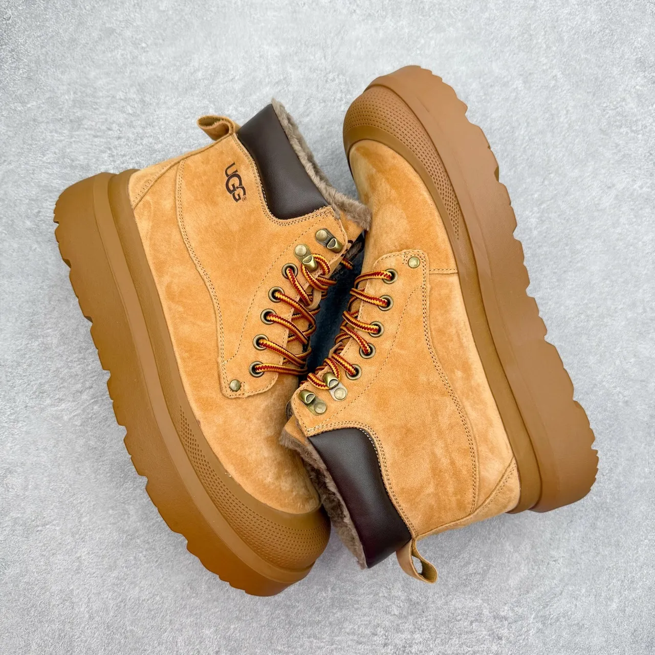 UGG Tan Suede Shearling-Collar Platform Work Boot 5