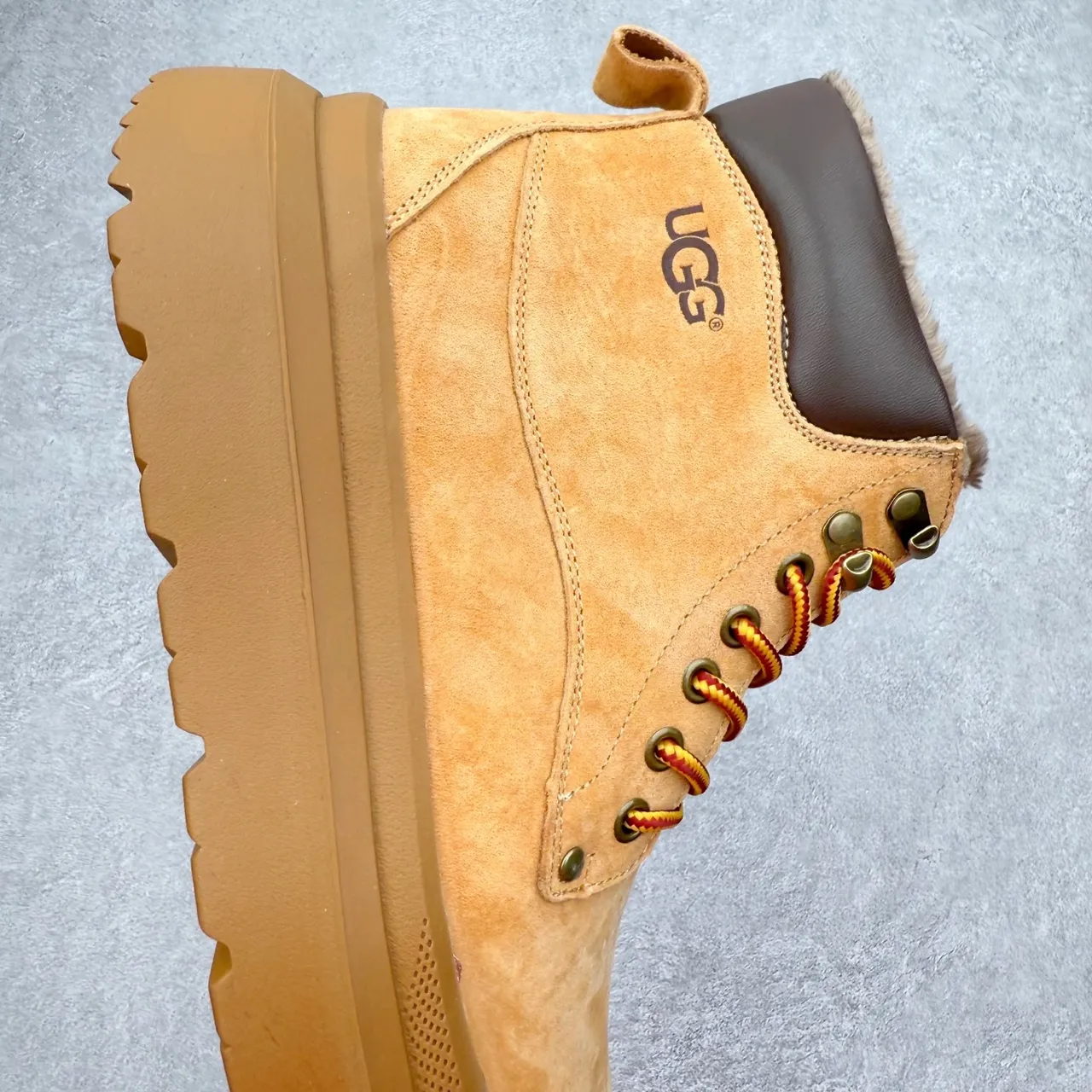 UGG Tan Suede Shearling-Collar Platform Work Boot 9