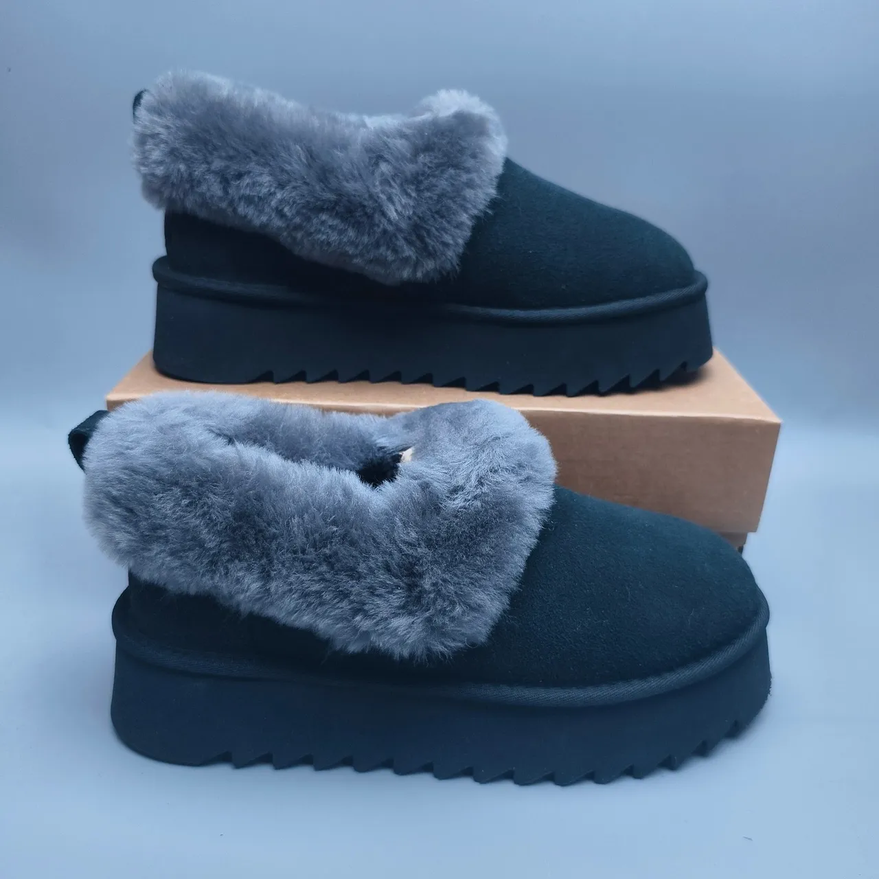 UGG Tasman Preto Cinza Solado de Plataforma Forro de Cordero Borda Sapatos Casuais 5