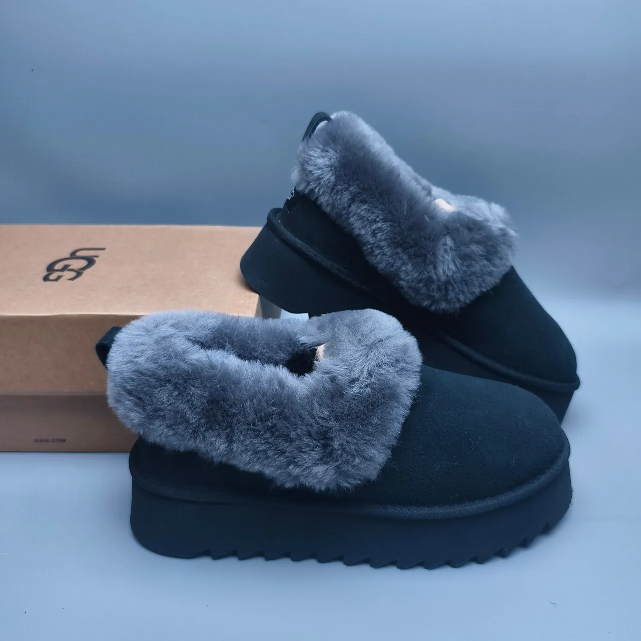 UGG Tasman Preto Cinza Solado de Plataforma Forro de Cordero Borda Sapatos Casuais 6