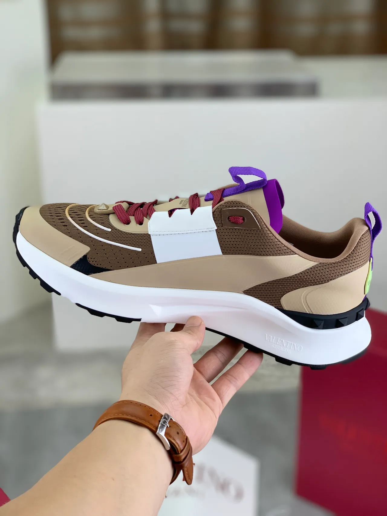 Valentino Beige White Multi-Panel Mesh And Synthetic Upper Sculpted Midsole Chunky Sneakers 4