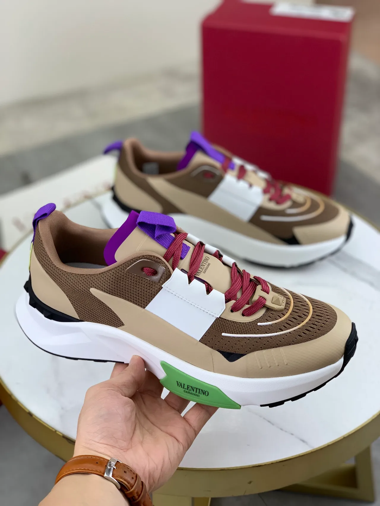 Valentino Beige White Multi-Panel Mesh And Synthetic Upper Sculpted Midsole Chunky Sneakers 5