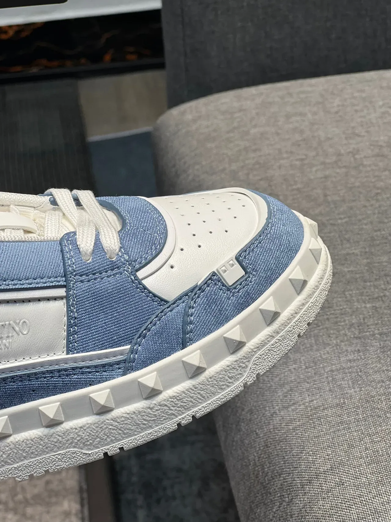 Valentino Rockstud Blue and White Denim Leather Lifestyle Sneakers 3