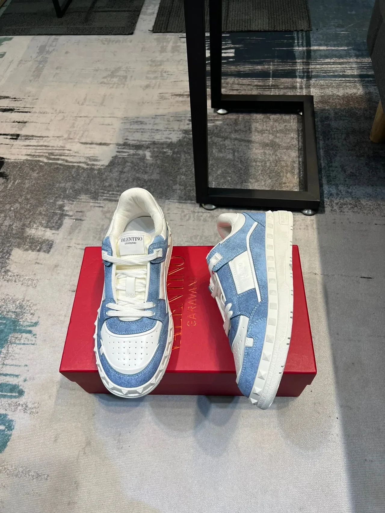 Valentino Rockstud Blue and White Denim Leather Lifestyle Sneakers 4