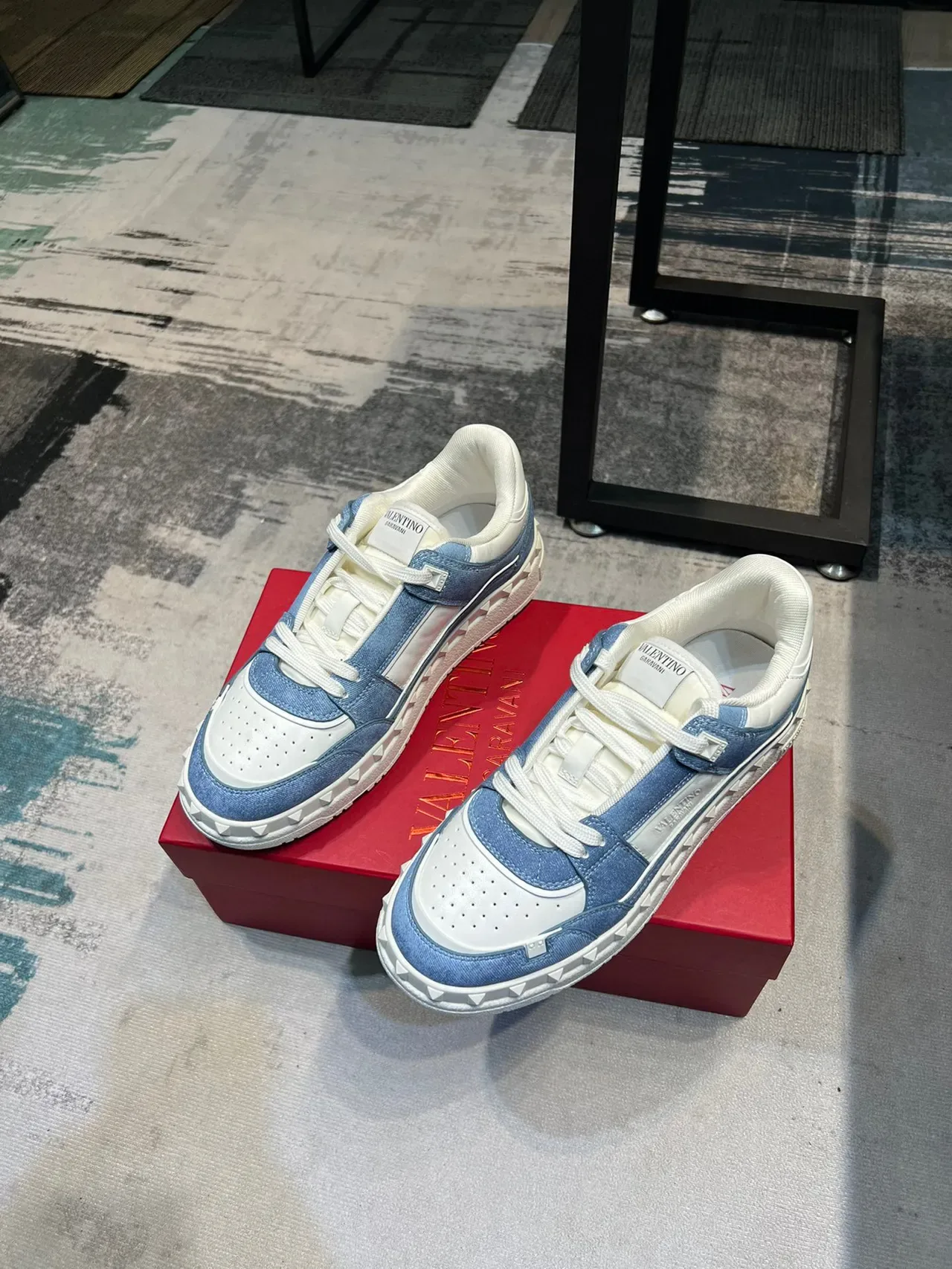 Valentino Rockstud Blue and White Denim Leather Lifestyle Sneakers 5