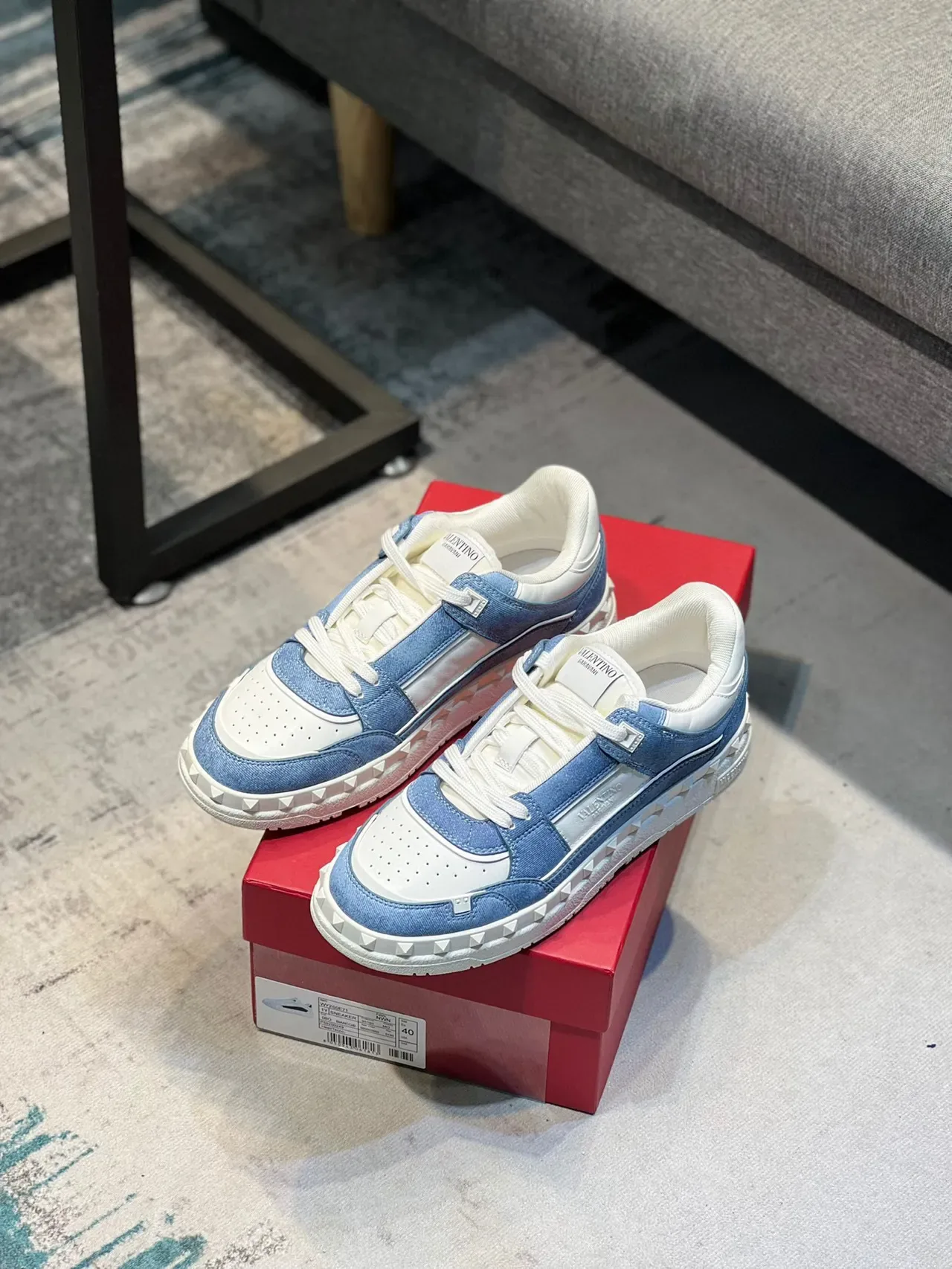 Valentino Rockstud Blue and White Denim Leather Lifestyle Sneakers 6