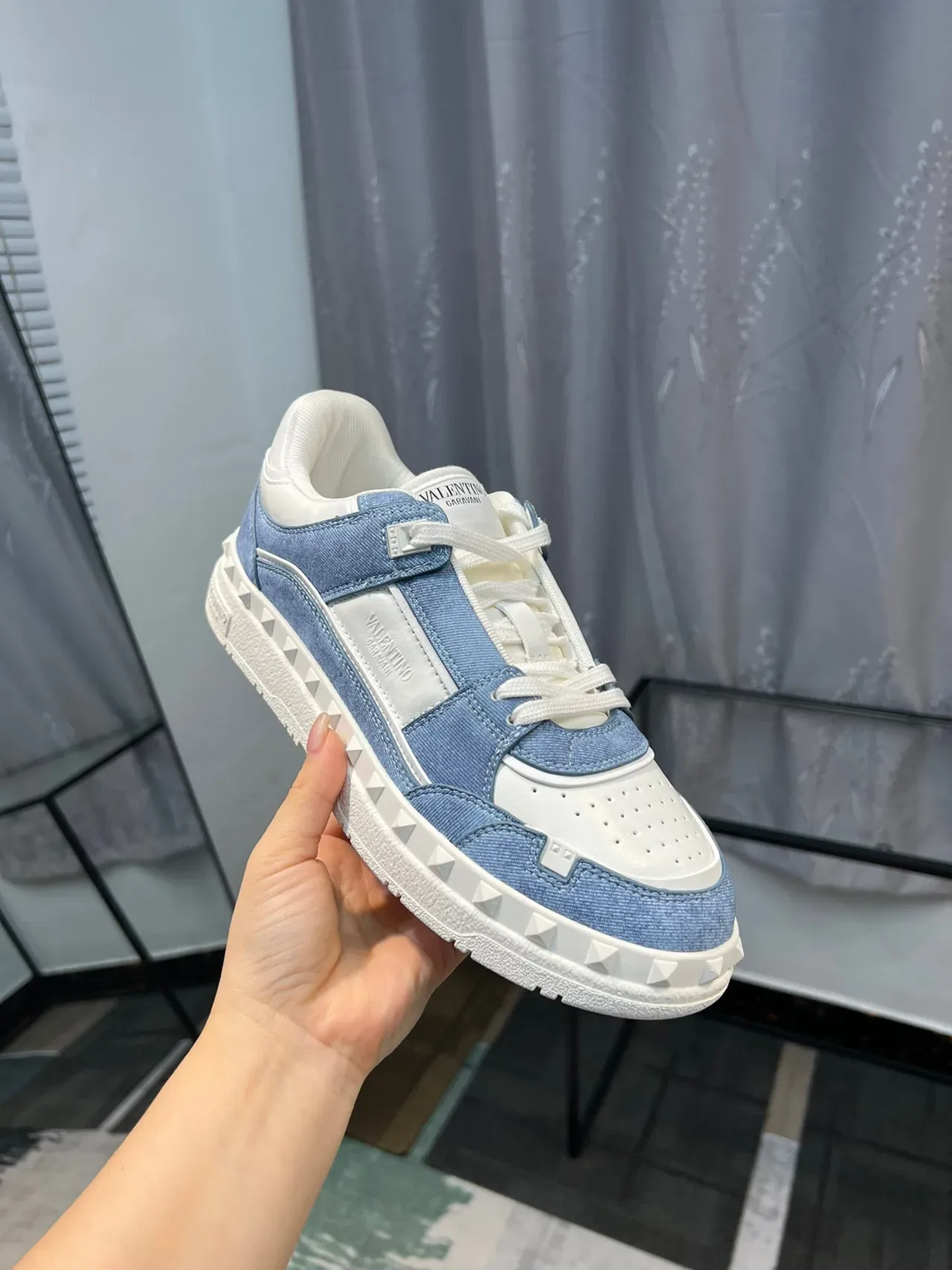 Valentino Rockstud Blue and White Denim Leather Lifestyle Sneakers 7