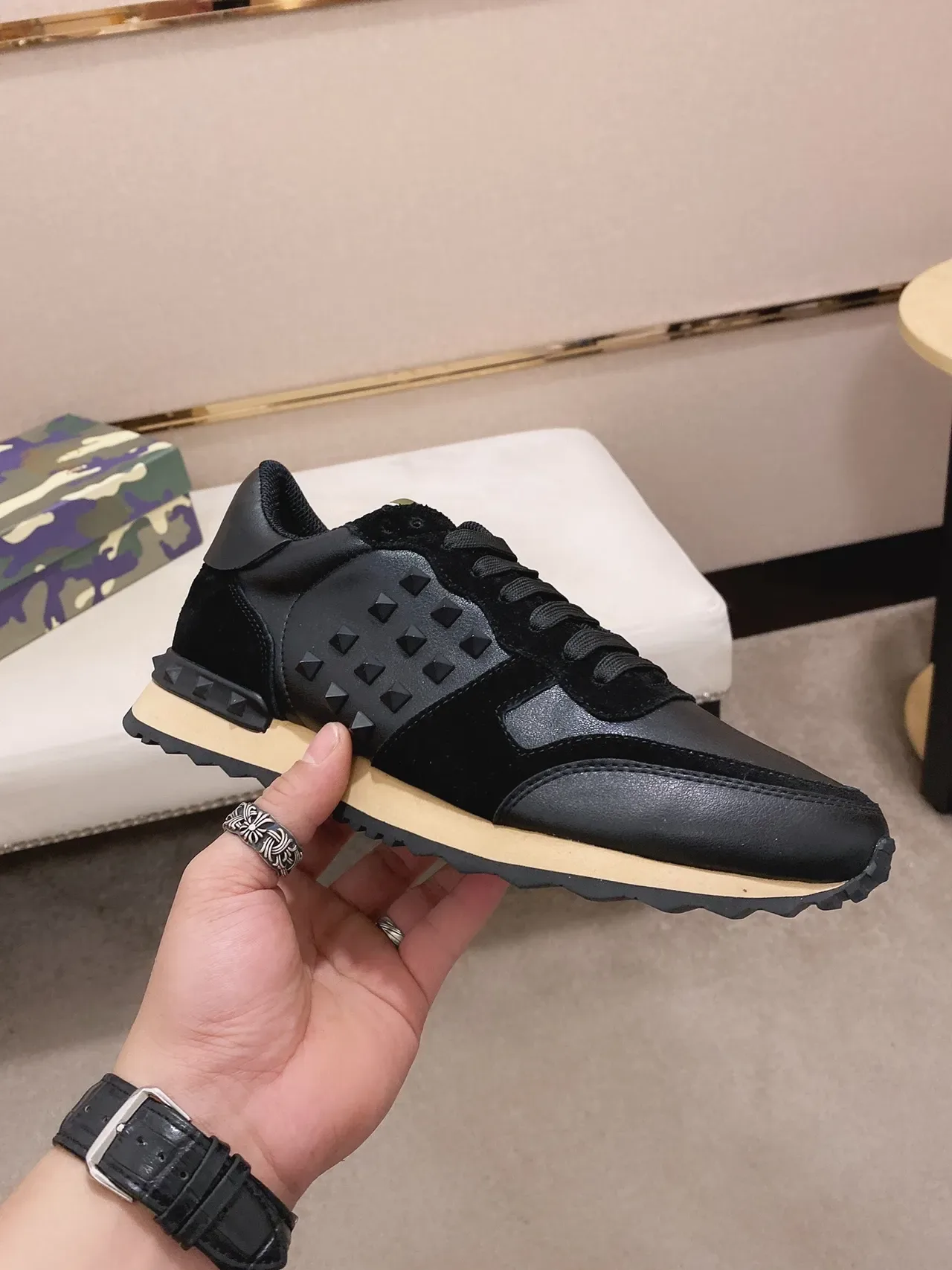 Valentino Rockstud Studded Black Leather Suede Lifestyle Sneaker 7