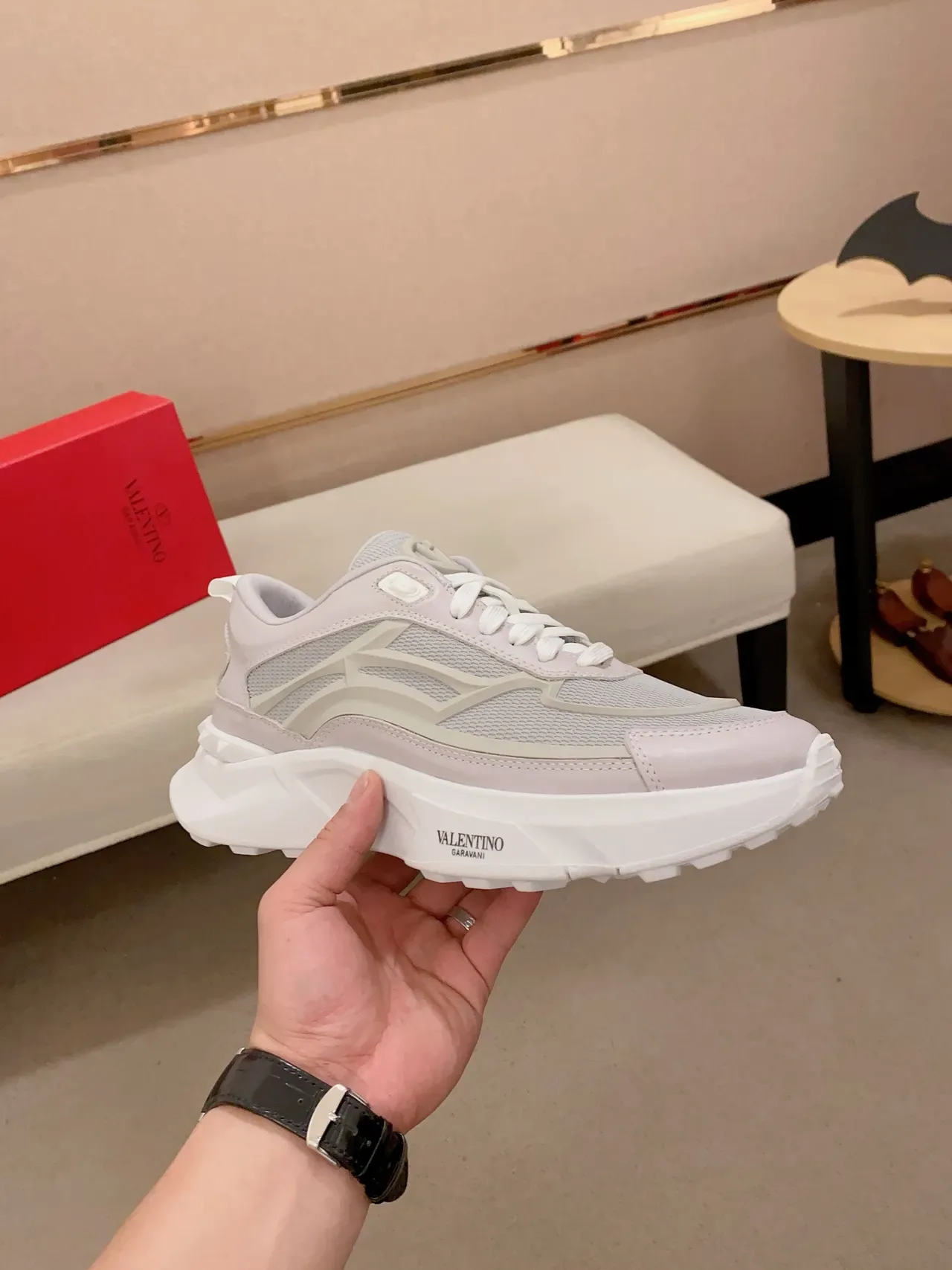 Valentino White Gray Sole Mesh And Synthetic Overlay Construction Chunky Sneakers 4
