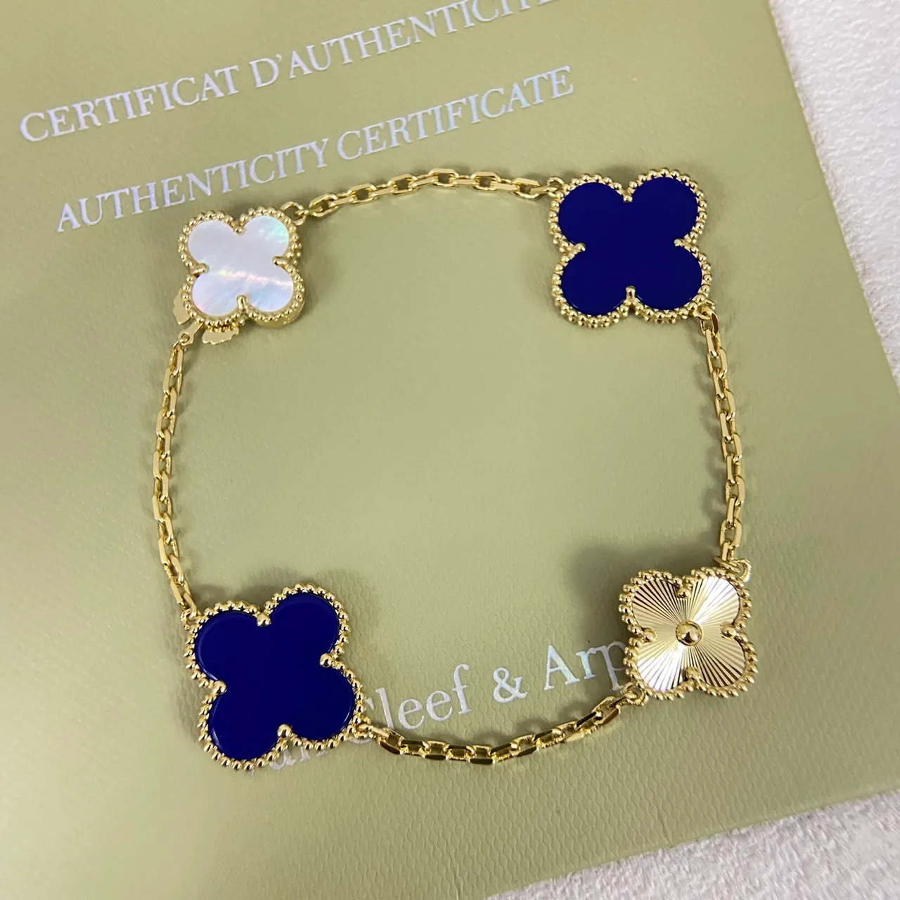 Van Cleef & Arpels Alhambra Gold Blue Chain Link Four-Leaf Clover Motifs Bracelet 3