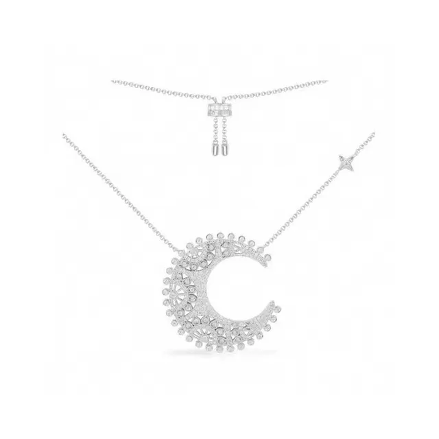 Van Cleef & Arpels Silver White Crescent Moon Pendant Pavé-Set Stones Necklace 2