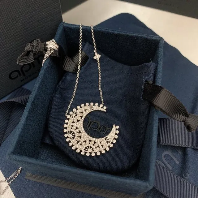 Van Cleef & Arpels Silver White Crescent Moon Pendant Pavé-Set Stones Necklace 3