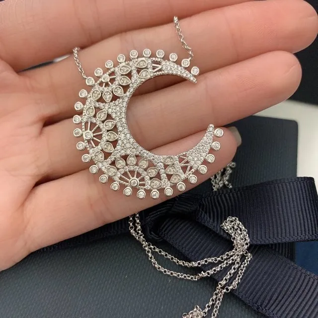 Van Cleef & Arpels Silver White Crescent Moon Pendant Pavé-Set Stones Necklace 4