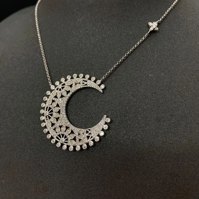 Van Cleef & Arpels Silver White Crescent Moon Pendant Pavé-Set Stones Necklace 7