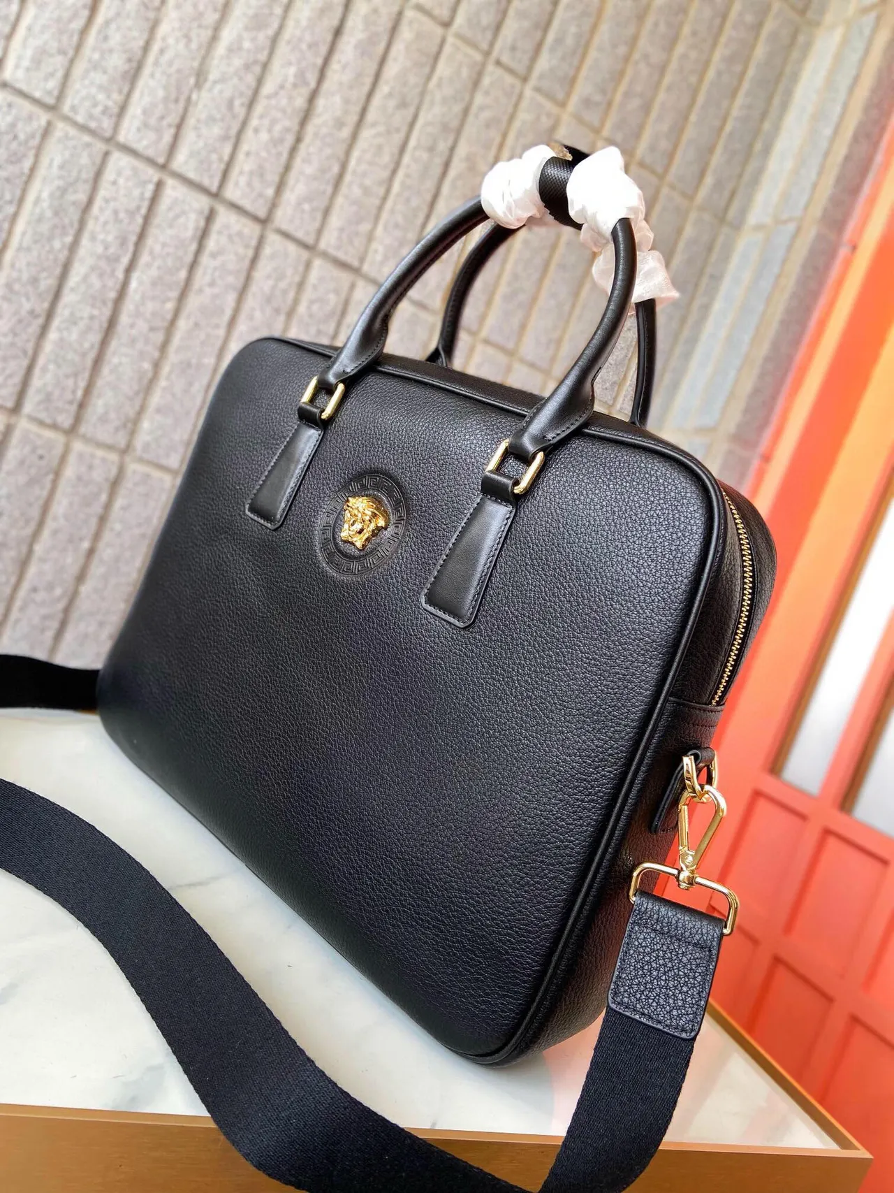 Versace 1862 Black Pebbled Leather Medusa Boston Bag 6
