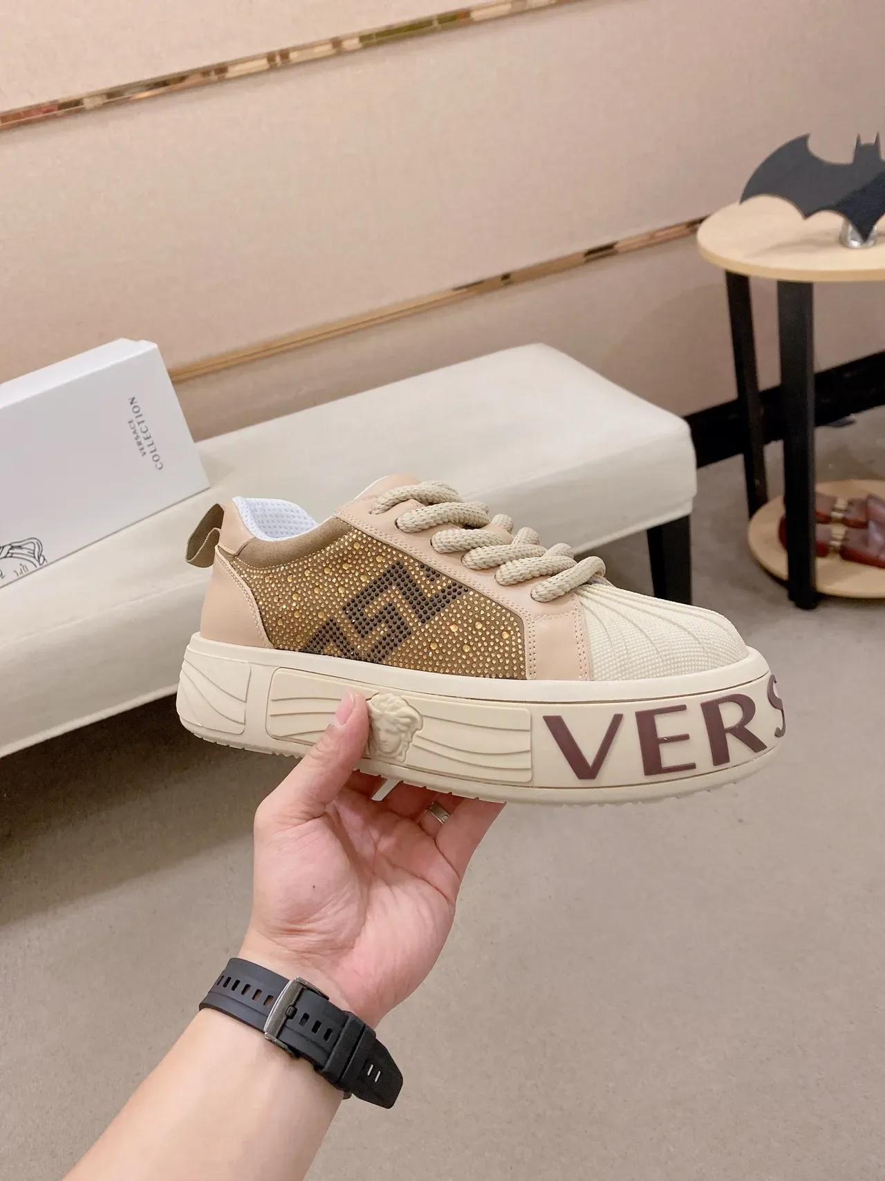Versace Ace Beige and Gold Crystal-Embellished Platform Lifestyle Sneakers 4