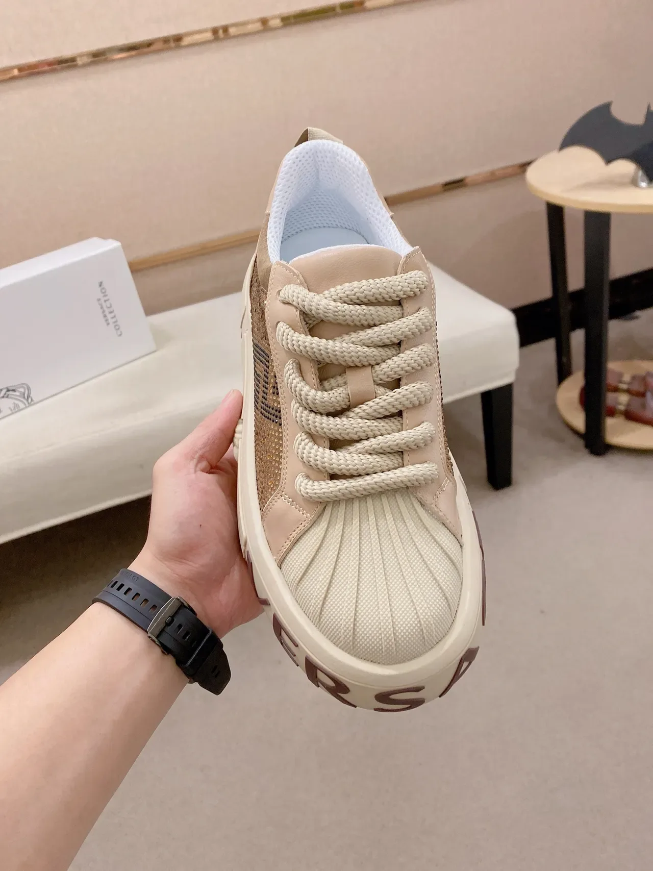 Versace Ace Beige and Gold Crystal-Embellished Platform Lifestyle Sneakers 5