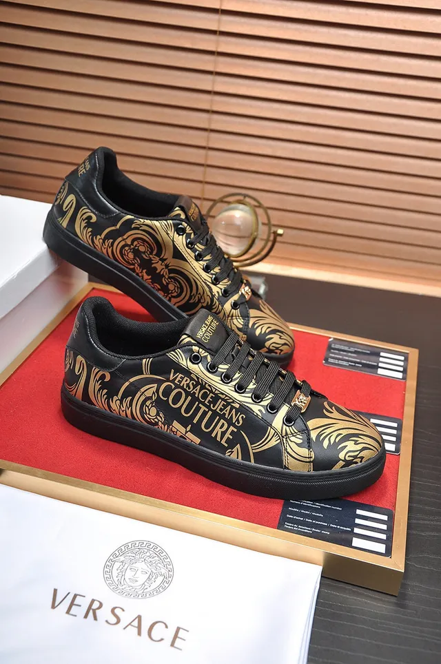 Versace Black Gold Baroque Print Leather Upper Lifestyle Sneakers 5