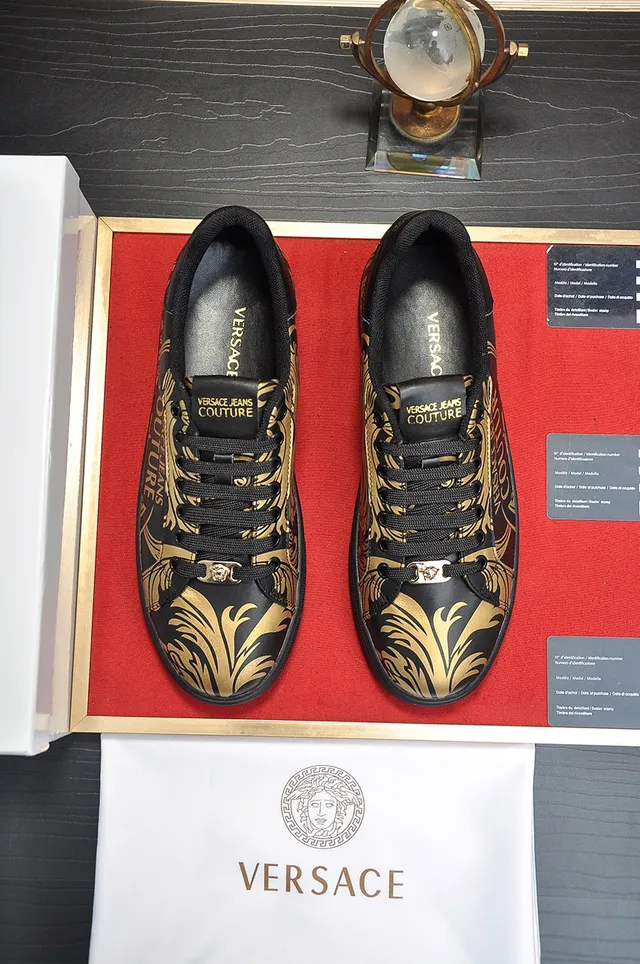 Versace Black Gold Baroque Print Leather Upper Lifestyle Sneakers 9