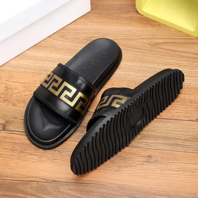Versace Black Gold Leather-Like Strap Greca Key Pattern Slippers 4