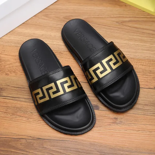 Versace Black Gold Leather-Like Strap Greca Key Pattern Slippers 8