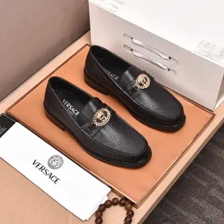 Versace 黑色金色 压纹皮革 Medusa Head Hardware 乐福鞋