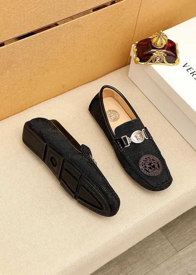 Versace Black Gold Textured Upper Medusa Head Emblem Loafer 9