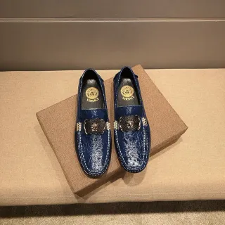 Versace Chain Reaction Navy Gold 亮面鳄鱼压纹皮革 Medusa 扣 乐福鞋