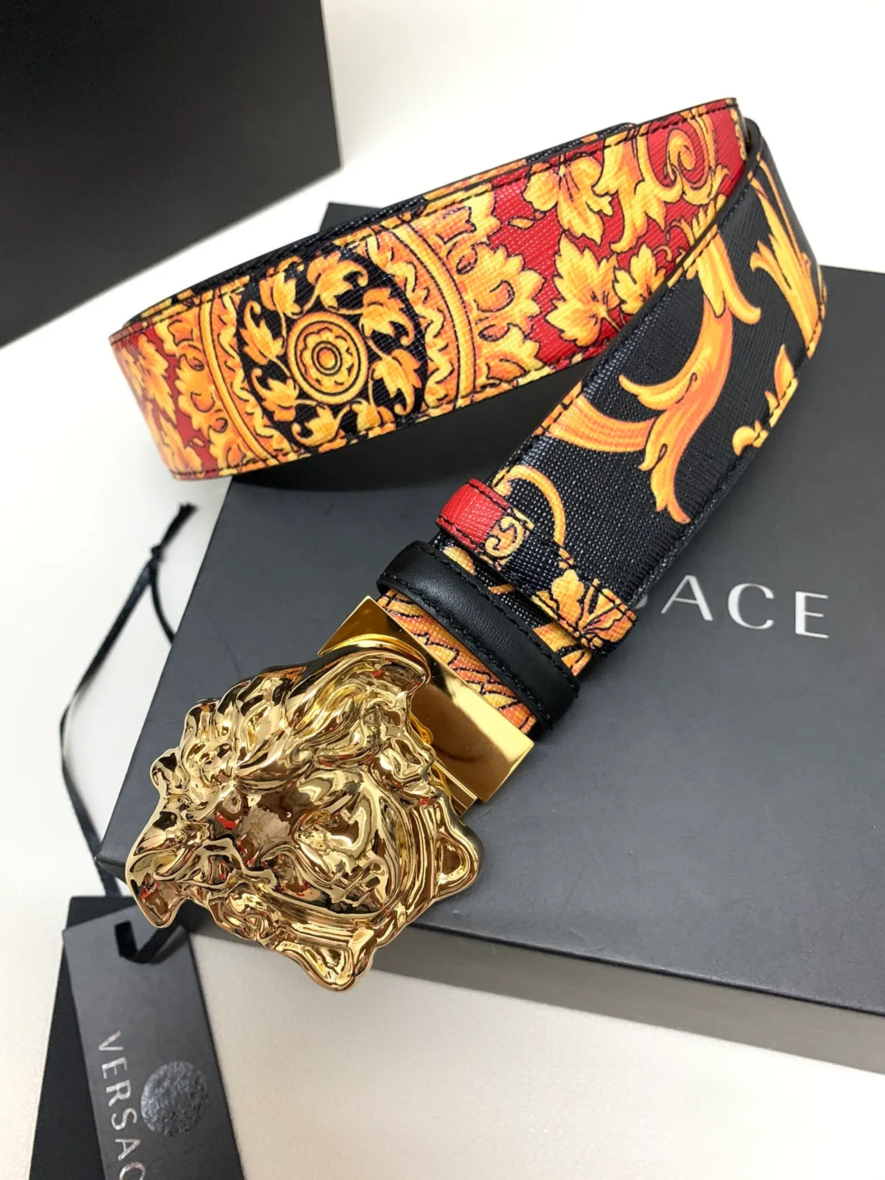 Versace Medusa Baroque Print Gold Buckle Leather Belt 1