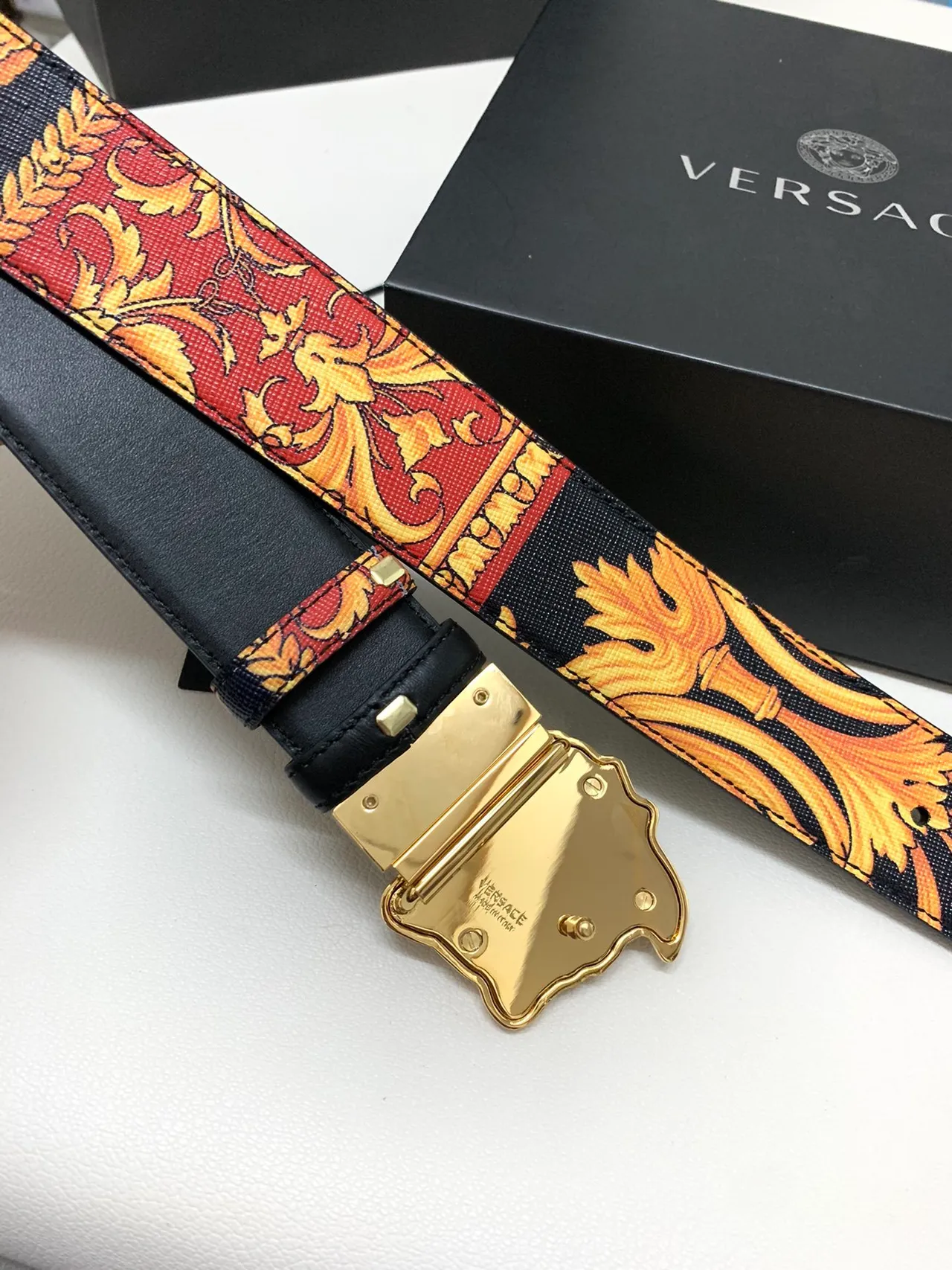 Versace Medusa Baroque Print Gold Buckle Leather Belt 3