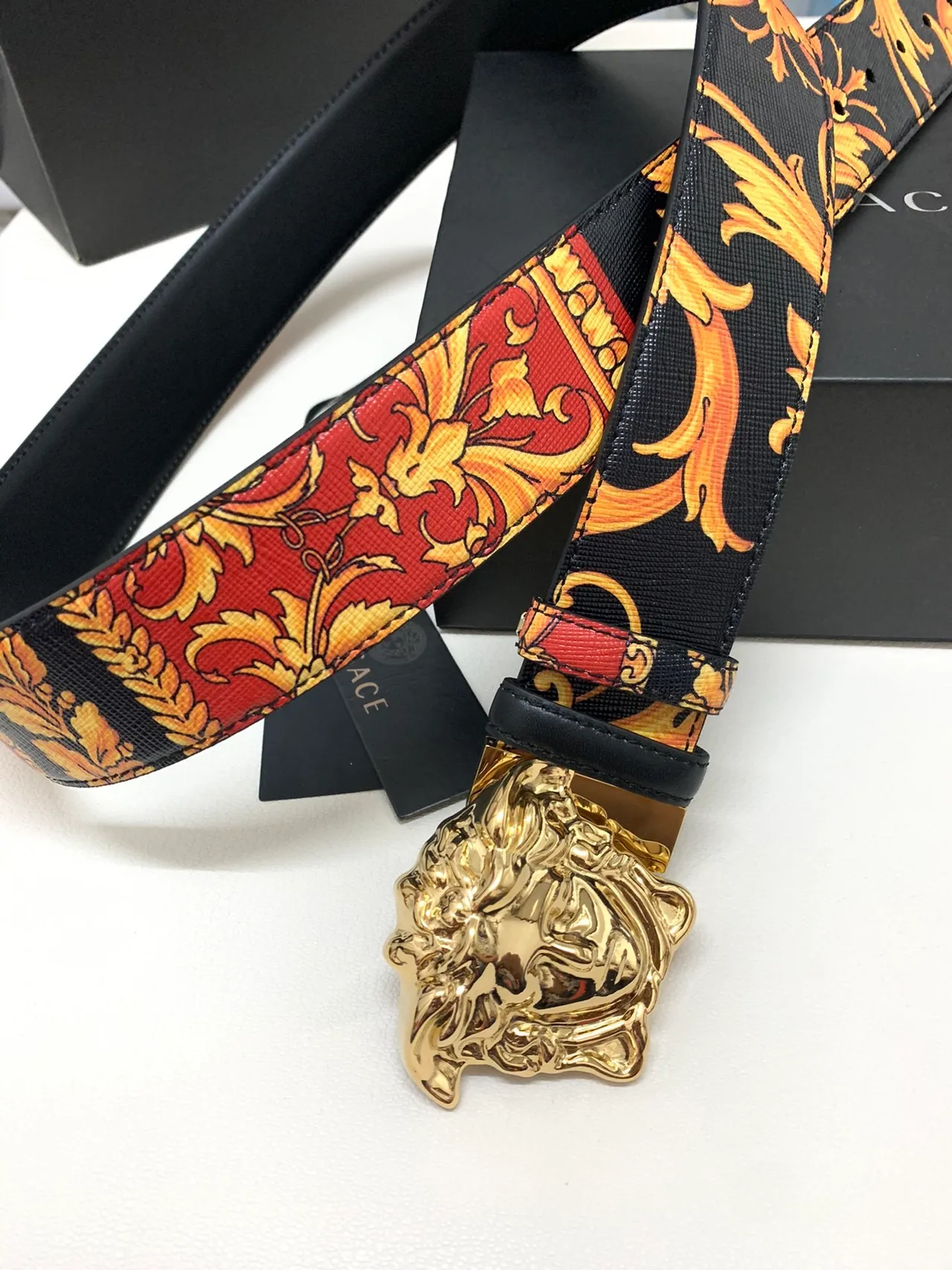 Versace Medusa Baroque Print Gold Buckle Leather Belt 4