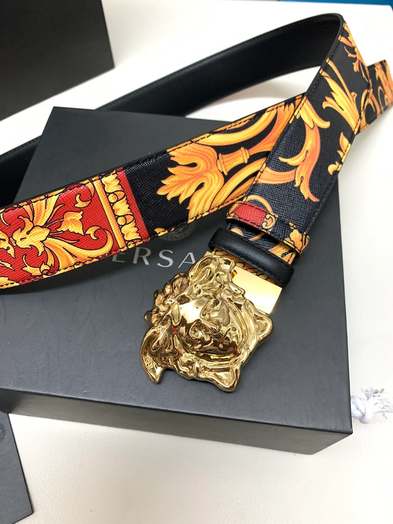 Versace Medusa Baroque Print Gold Buckle Leather Belt 5