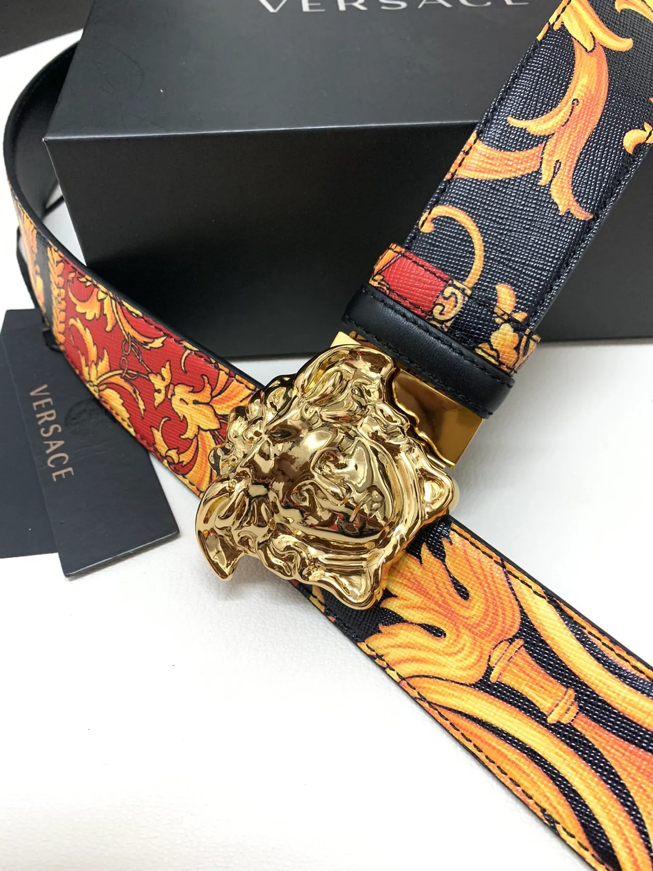 Versace Medusa Baroque Print Gold Buckle Leather Belt 6