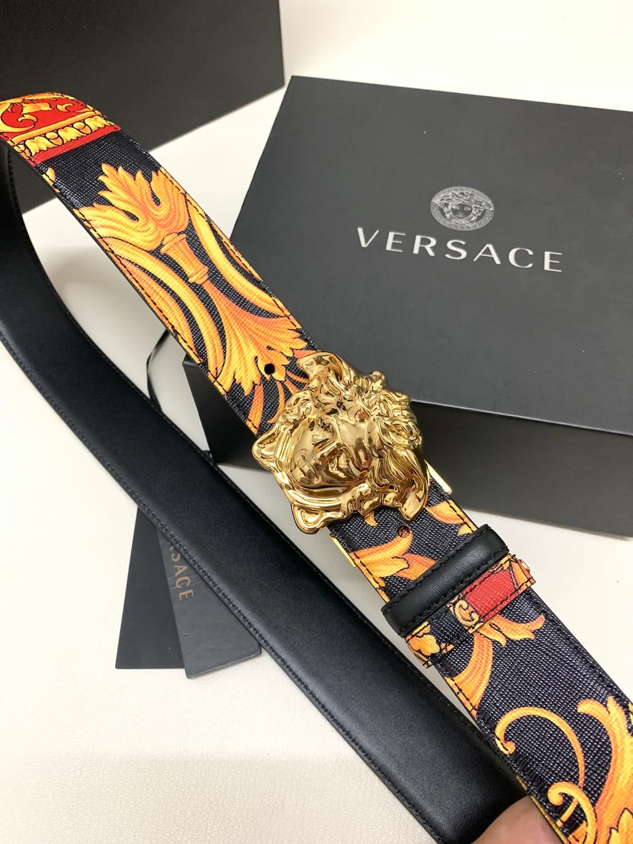 Versace Medusa Baroque Print Gold Buckle Leather Belt 7