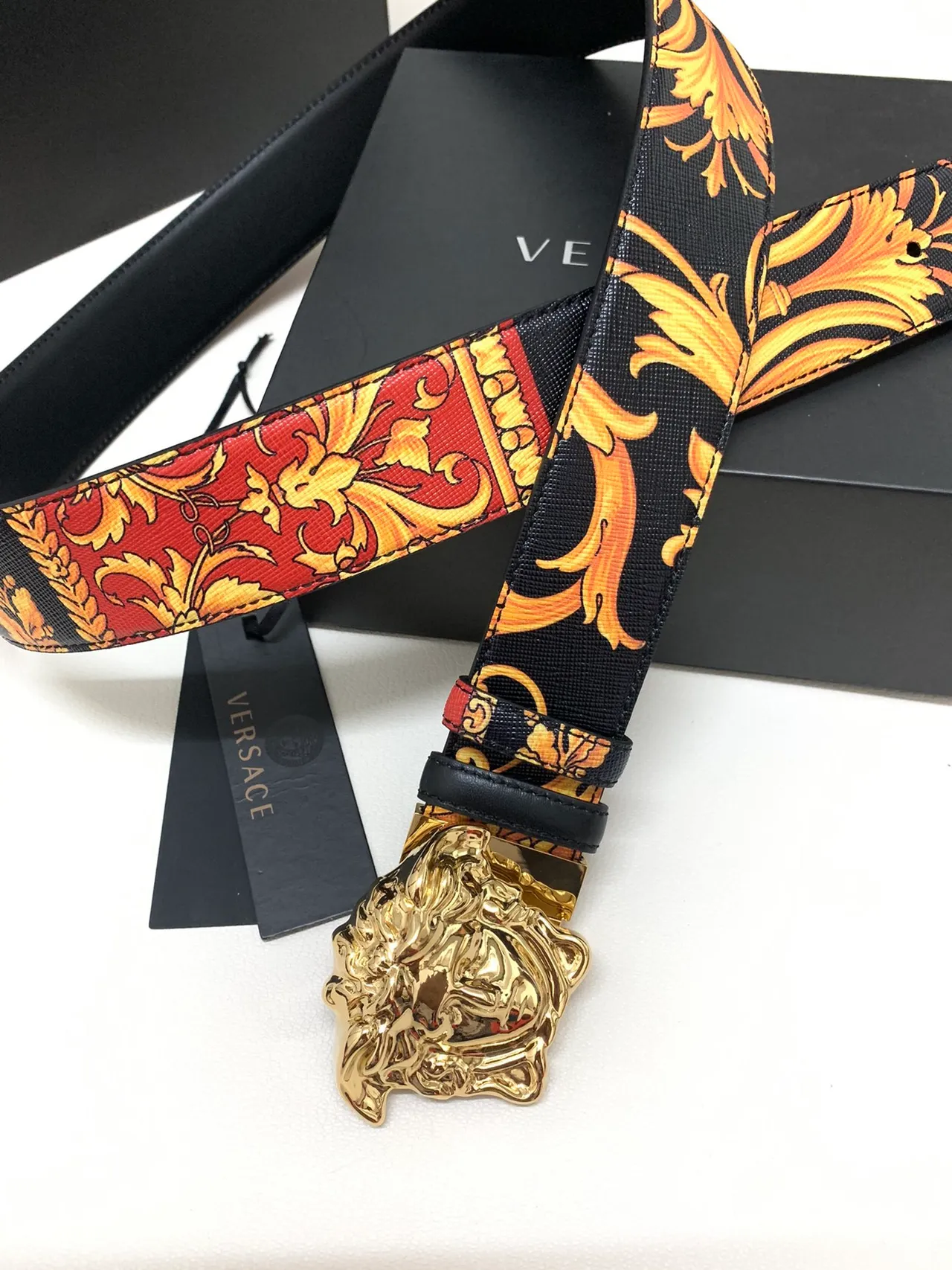 Versace Medusa Baroque Print Gold Buckle Leather Belt 8