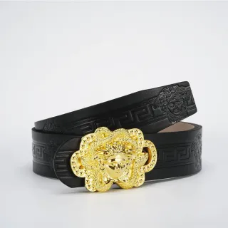 Versace Medusa Cinto Preto Dourado Embossed Greca Padrão de Chave Tridimensional Cabeça Fivela Cinto de Couro