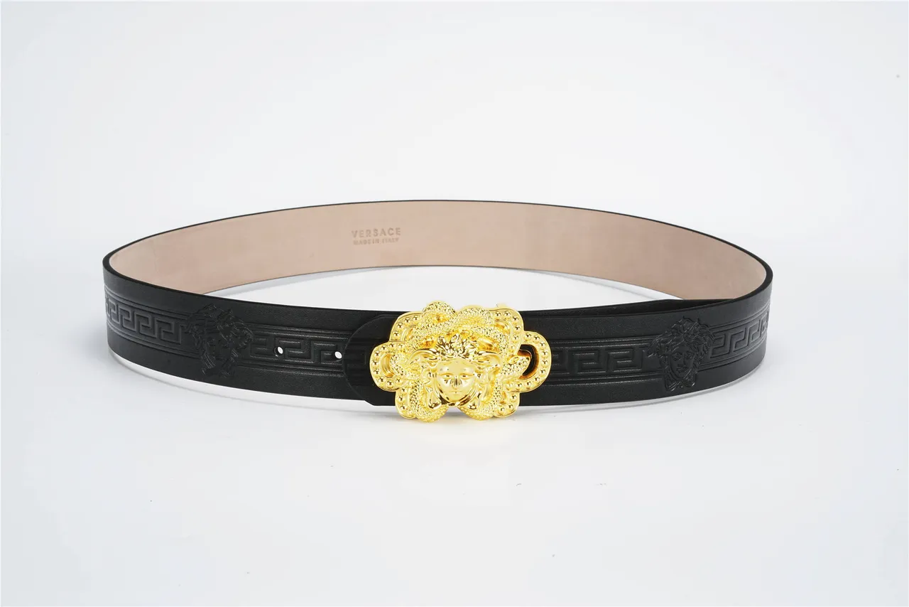 Versace Medusa Belt Black Gold Embossed Greca Key Pattern Three-Dimensional Head Buckle Leather Belt 9