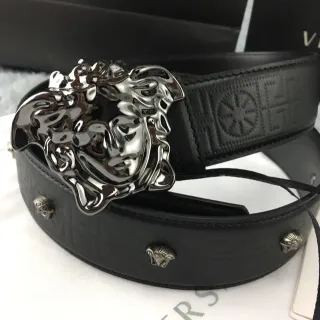 Versace Medusa Belt Black Silver Polished Head Buckle Greca-Pattern Embossed Leather Belt