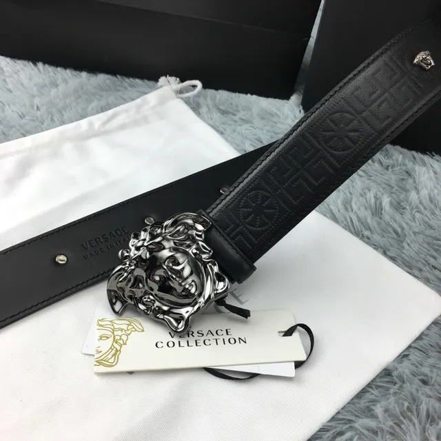 Versace 美杜莎腰带 黑色 银色 抛光头扣 Greca 图案 压花皮革腰带 3